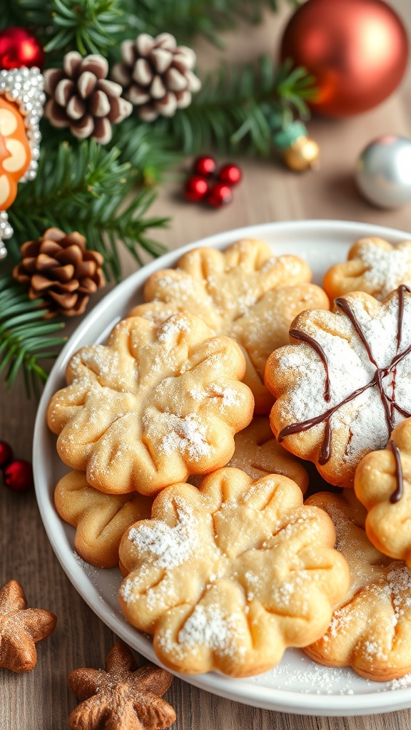 Hazelnut Christmas Cookies Recipe A plate of hazelnut cookies dusted with powdered sugar and drizzled with chocolate, set against a festive holiday backdrop.